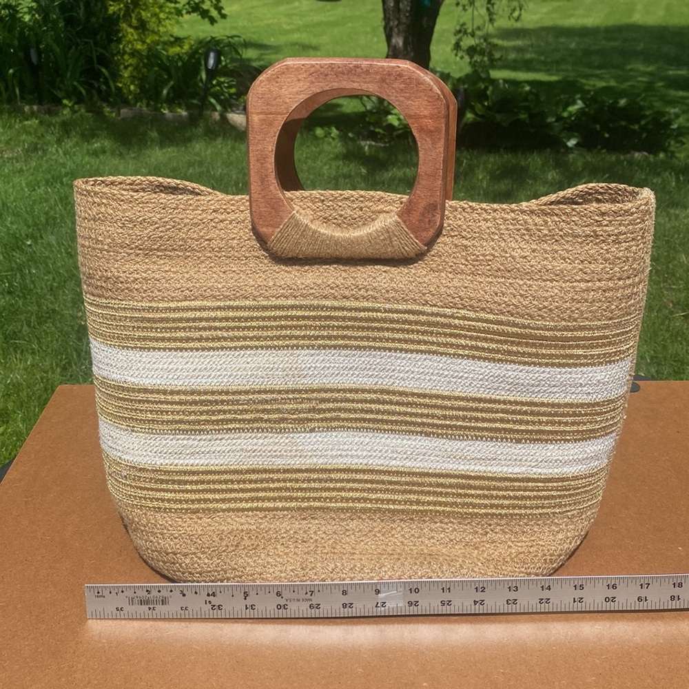 Abril Kraft Women’s Jute Tote Gold / White Stripe 16” x 16” - Picture 6 of 6